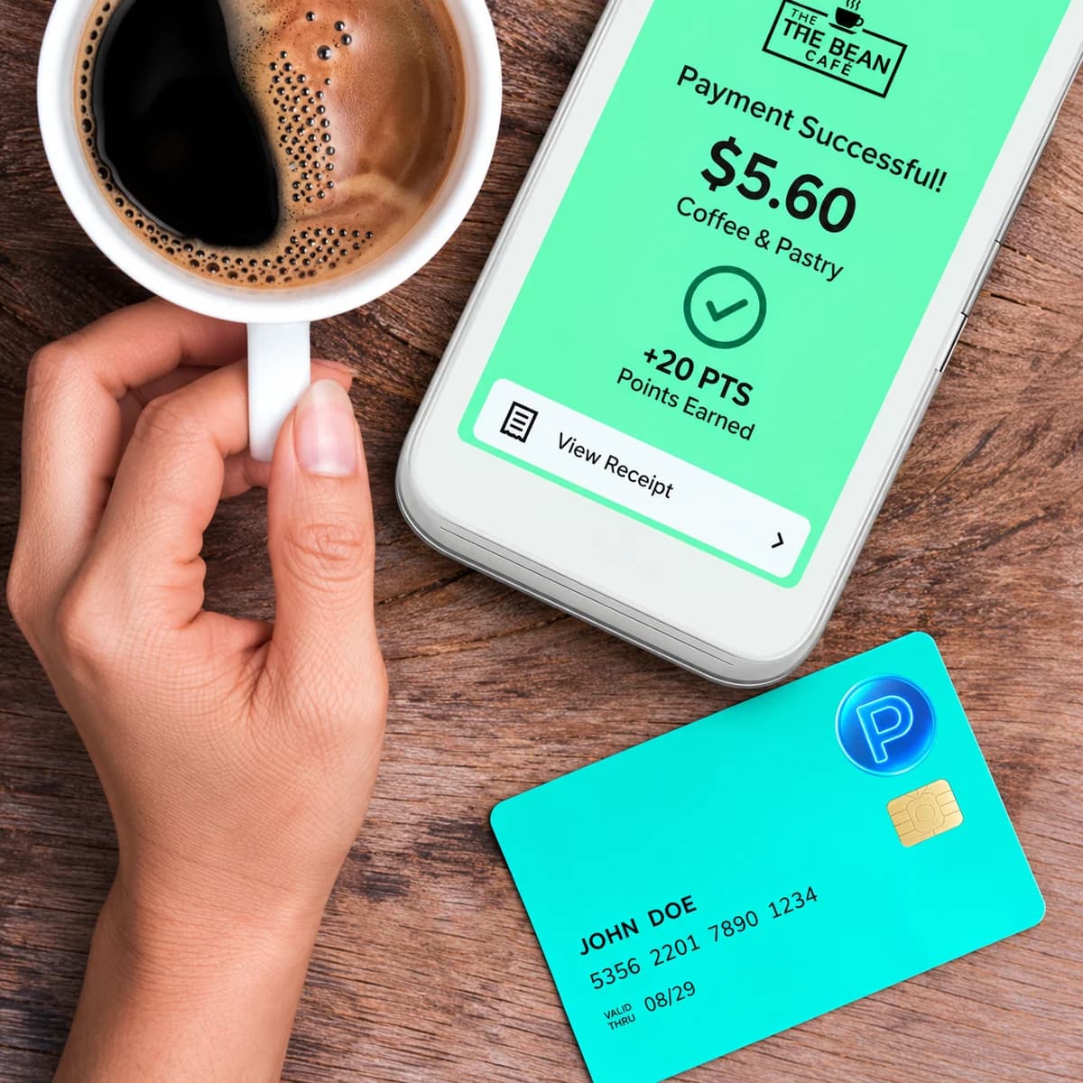 Phone showing a successful payment next to a coffee
