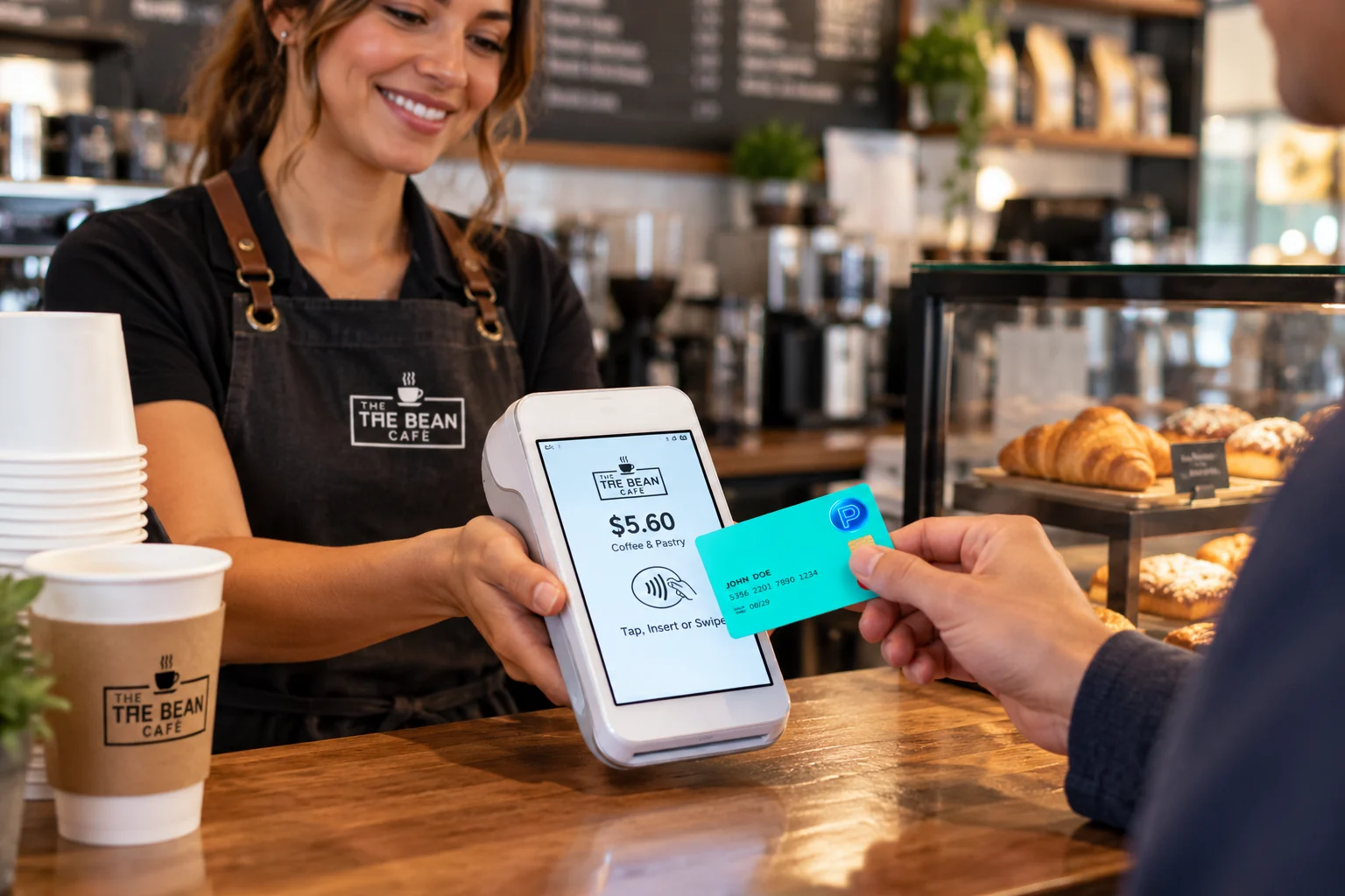 Customer tapping a card at a café checkout terminal