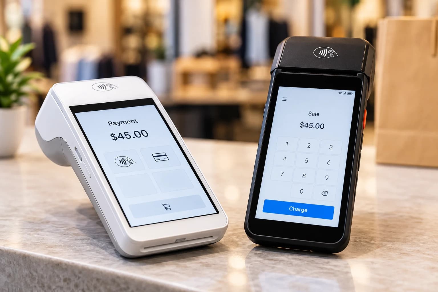 White countertop and black handheld POINTS POS terminals on a store counter