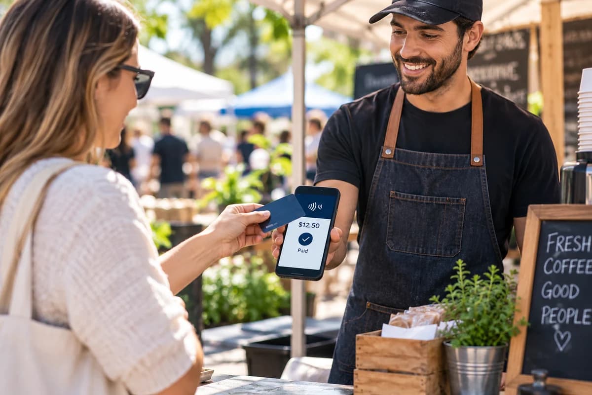 Market vendor holding up a phone showing a paid $12.50 payment as a customer taps a card