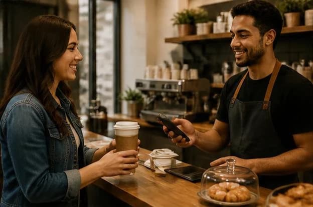 Café barista holding out a phone to take a contactless payment from a customer with a coffee