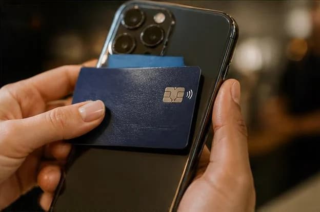 Contactless card held against the back of a phone