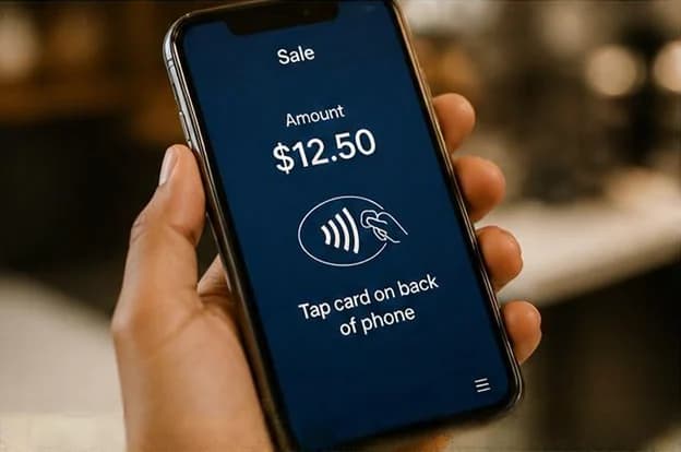 Phone screen showing a $12.50 sale and the prompt to tap a card on the back of the phone